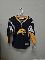 Full front view of Buffalo Sabres jersey on hanger
