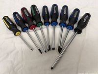 Front view of all nine Mastercraft screwdrivers, showing handles, shaft length and colour accents
