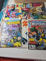 Group shot of all bagged comics spread out showing variety of titles