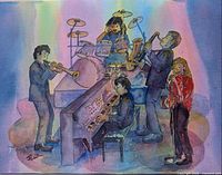 Close-up of painting showing jazz musicians and signature