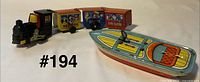 Tin toy train and boat overview