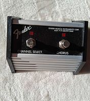 Top view showing Fender logo, two switches labeled CHANNEL SELECT and CHORUS with red LEDs