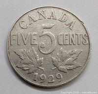 Reverse side showing CANADA FIVE CENTS, maple leaves and date 1929