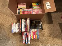 Wide shot of entire lot arranged on carpet around open cardboard box