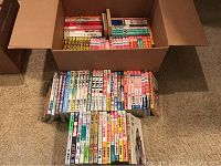 A full overview of multiple stacks of Japanese language books and manga volumes in a cardboard box and on the floor.