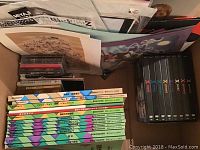 Photo showing fourteen Japanese computer training manuals with colorful spine designs, a dozen plus jewel case music CDs, and a boxed set of 8 DVDs labeled 'X' series.