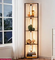 Marketing image showing assembled brown LED shelf floor lamp illuminated