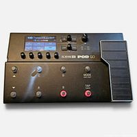 Top view of Line 6 POD Go showing controls, expression pedal, LCD