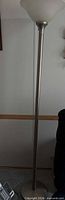 Full view of brushed nickel floor lamp from base to shade