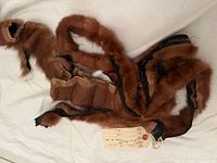 Overall view of dismantled brown mink stole with detached lining and service tag