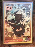 Front of Hank Aaron card in toploader showing image and number 44 jersey