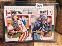 Front of 2010 Topps Gridiron Lineage card featuring images of Joe Montana and Tom Brady
