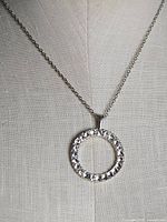 Full view of necklace on display form showing chain and rhinestone circle pendant