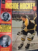 Front cover of the vintage Inside Hockey magazine featuring a color photo of Bobby Orr in Boston Bruins uniform skating. Includes text about the 1972-73 NHL season preview and player/team records.