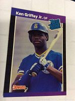 Front view of the Ken Griffey Jr. rookie card showing the player in a Seattle Mariners uniform with the 'Rated Rookie' and 'Donruss 89' logos visible.