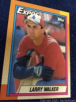 Front of Larry Walker rookie baseball card from 1990 Topps featuring him in Montreal Expos uniform