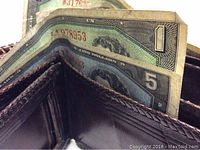 Close up view of the inside of a brown leather wallet showing old $1 and $5 US bills with serial numbers visible.