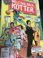 Full cover view of the Welcome Back Kotter comic book showing all characters, title, and promotional text.