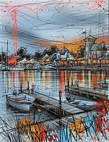 Full view of painting showing subject, colors, mixed media texture