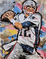 Frontal close-up of Tom Brady painting showing detail, colors, signature area
