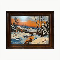 Full view of framed winter landscape needlepoint