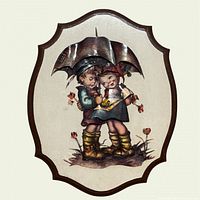 Front view of wood plaque showing full children-with-umbrella motif