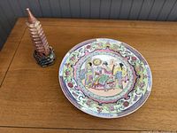 Plate and pagoda figurine on table