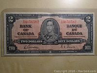 Front view of 1937 Canadian two dollar banknote showing King George VI portrait and serial number.
