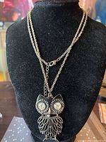Full view of owl pendant necklace on display bust