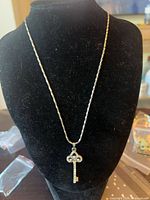 Full view of necklace on display bust showing key pendant and rope chain