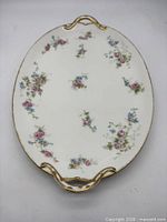 Full view of oval platter showing handles, floral design and gold trim
