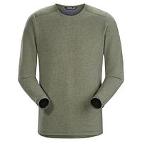 Front view of olive green crewneck sweater with nylon shoulder panels