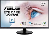 Front marketing image of ASUS VA27DQ monitor showing 27-inch size and feature icons