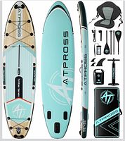 Front, bottom, and side views of paddle board plus all accessories