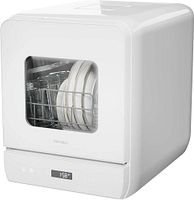 Front angled view of white Hermitlux countertop dishwasher showing windowed door and control panel
