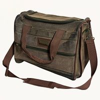 Front and side view of brown/tan coated canvas duffel with shoulder strap attached
