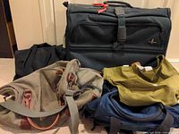 All five bags grouped: rolling suitcase, two duffels, two totes