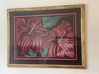 Full view of framed hibiscus artwork showing colors, mats, and frame