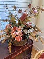 Full view of silk floral arrangement showing colors and planter