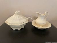Pitcher, basin, tureen with lid and ladle grouped