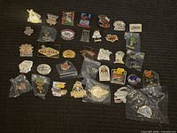 Full layout of all pins on a dark surface, many still bagged