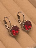 Front view of both leverback earrings showing red stones and settings