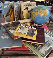 Overall lot showing globe, atlases and books
