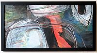 Front view of framed abstract oil painting showing composition, signature location and frame style