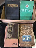 Front view showing all five books upright/in stack inside and in front of wooden crate