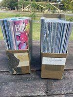 Two cardboard holders filled with magazines standing upright