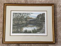 Full view of framed lithograph showing frame, mat and artwork
