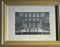 Full view of framed etching, showing image, mat and frame