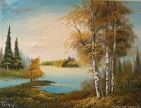Front view of signed autumn landscape oil painting on canvas