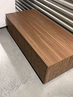 Full view of rectangular walnut veneer coffee table